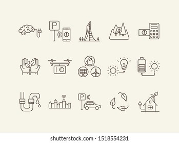 Modern energy source icons. Set of line icons. Quadcopter, brain with plug, car park payment. Alternative energy concept. Vector illustration can be used for topics like environment, ecology