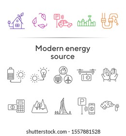 Modern energy source icons. Set of line icons. Quadcopter, brain with plug, car park payment. Alternative energy concept. Vector illustration can be used for topics like environment, ecology