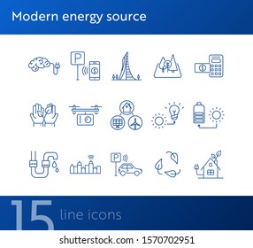 Modern energy source icons. Set of line icons. Quadcopter, brain with plug, car park payment. Alternative energy concept. Vector illustration can be used for topics like environment, ecology