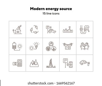 Modern energy source icons. Set of line icons. Quadcopter, brain with plug, car park payment. Alternative energy concept. Vector illustration can be used for topics like environment, ecology