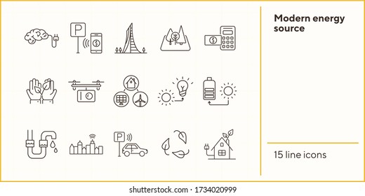 Iconos modernos de fuentes de energía. Juego de iconos de línea. Quadcopter, cerebro con enchufe, pago de aparcamiento. Concepto de energía alternativa. La ilustración vectorial se puede usar para temas como medio ambiente, ecología