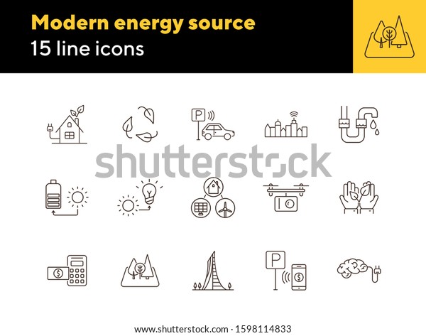 Modern energy source icons. Set of line icons.\
Quadcopter, brain with plug, car park payment. Alternative energy\
concept. Vector illustration can be used for topics like\
environment, ecology