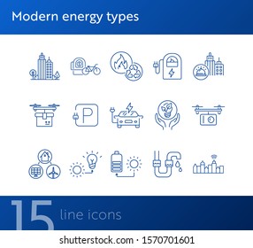 Modern energy types icons. Set of line icons. Electrical car park, quadcopter with camera, bike rent. Alternative energy concept. Vector illustration can be used for topics like environment, ecology