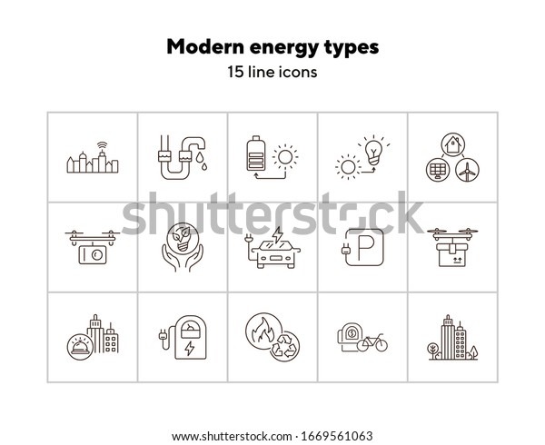 Modern energy types icons. Set of line icons.
Electrical car park, quadcopter with camera, bike rent. Alternative
energy concept. Vector illustration can be used for topics like
environment, ecology