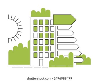 Modern Energy-efficient house construction - renovation goals in the European Green Deal. Improvements to make houses zero-energy, In thin line and green color