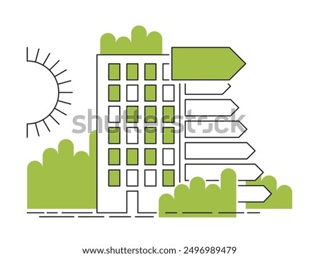 Modern Energy-efficient house construction - renovation goals in the European Green Deal. Improvements to make houses zero-energy, In thin line and green color