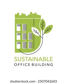 Modern Energy-efficient office building logo - renovation goals, improvements to make houses zero-energy, In thin line and green color