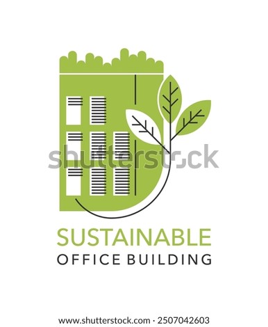 Modern Energy-efficient office building logo - renovation goals, improvements to make houses zero-energy, In thin line and green color