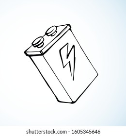 Modern engine cylinder on light backdrop. Freehand outline black ink hand drawn pole object logo pictogram emblem sketchy in retro art doodle cartoon style pen on paper space for text. Closeup view