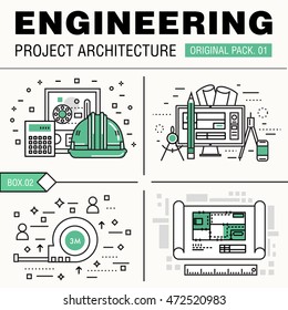 Modern engineering construction big pack. Thin line icons architecture. Professional projects drawing future production industry elements. High quality vector symbol. Stroke pictogram for web design.