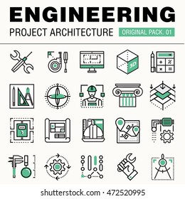 Modern Engineering Construction Big Pack. Thin Line Icons Architecture. Professional Projects Drawing Future Production Industry Elements. High Quality Vector Symbol. Stroke Pictogram For Web Design.