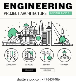Modern engineering construction big pack. Thin line icons architecture. Professional projects drawing future production industry elements. High quality vector symbol. Stroke pictogram for web design.