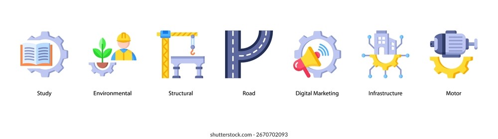 Modern Engineering Fields web banner icon vector illustration featuring Study, Environmental, Structural, Road, Digital Marketing, Infrastructure, and Motor.