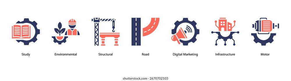 Modern Engineering Fields web banner icon vector illustration featuring Study, Environmental, Structural, Road, Digital Marketing, Infrastructure, and Motor.