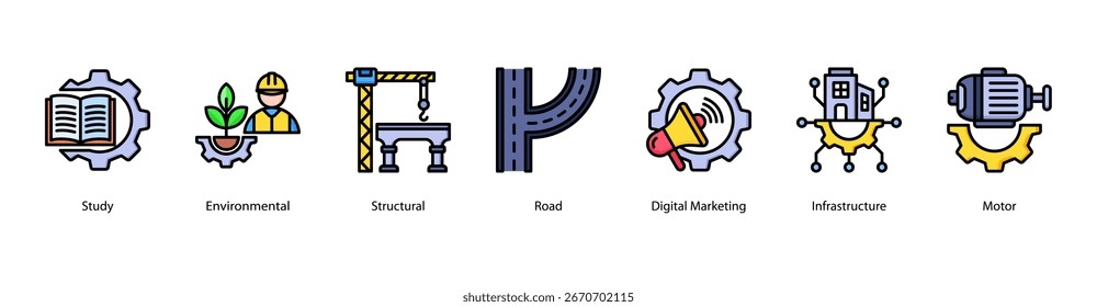 Modern Engineering Fields web banner icon vector illustration featuring Study, Environmental, Structural, Road, Digital Marketing, Infrastructure, and Motor.