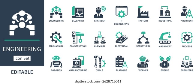 Modern engineering icon set. Featuring factory, tools, robotics, architecture, mechanical, and industrial elements. Ideal for construction, planning, and tech design projects.