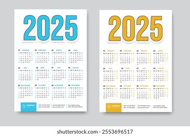 Modern English Annual Calendar Design 2025, happy new year, week starts on both Sunday and Monday separately. 