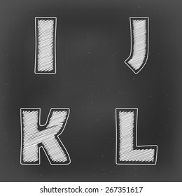modern English white chalk alphabet "I,J,K,L" letter on black board background(vector)