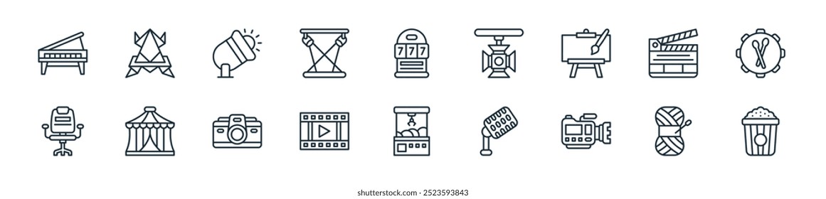 modern entertainment icon pack. perfect for linear ui designs featuring vector popcorn, yarn ball, video recorder, microphone, claw hine, film reel, camera and more icons for mobile and web apps.