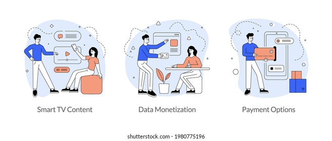 Modern entertainment and payment technologies concept. Smart TV content. Data monetization. Payment options. Linear flat illustration set