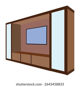 Unidade de parede de entretenimento moderna com painéis de exposição de vidro e espaço de TV, console de mídia de madeira contemporânea para sala de estar, isolado na ilustração de fundo branco


