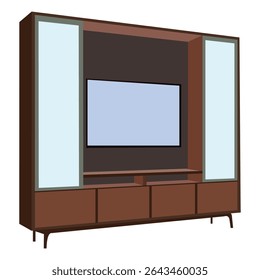 Unidade de parede de entretenimento moderna com painéis de exposição de vidro e cinco gavetas de armazenamento, console de TV de madeira contemporânea para sala de estar, isolado na ilustração de fundo branco

