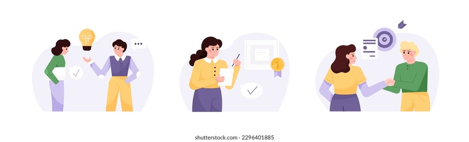 Modern entrepreneurial activity. Office worker talking to female boss. Businesswoman taking notes. Young colleagues shaking hands at meeting. Set of flat vector illustrations