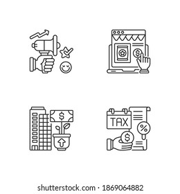 Iconos lineales de emprendimiento moderno. Publicidad, tributación, crecimiento de la empresa y comercio electrónico símbolos de contorno de línea delgada personalizables. Ilustraciones aisladas del contorno vectorial. Trazo editable