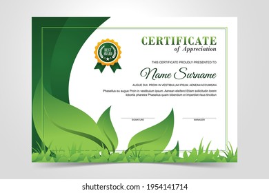 Modern environmental certificate template with green leaves 