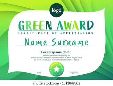 Modern environmental concept certificate of appreciation template. Green award diploma with abstract leaf background