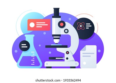 Modern equipment using for scientific research with flask and microscope. Isolated concept icon for development in chemistry, medicine and biology. Vector illustration.