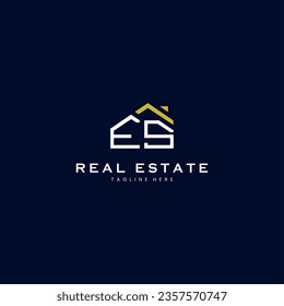 modern ES letter real estate logo in linear style with simple roof building in blue