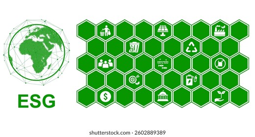 modern ESG vector illustration featuring a digital globe with sustainability icons representing environmental, social, and governance principles. Ideal for finance, business, and corporate