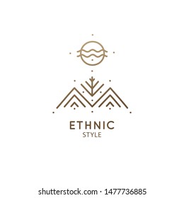 Modern esoteric abstract logo mountain landscape. Zen minimal symbol of sacred pyramides and tree. Natrural simple trendy icon. Vector linear sign for design of tattoo, spiritual yoga, travel, alchemy