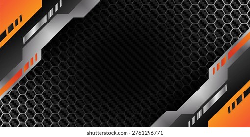 Modern E-sport gaming background with orange and black carbon fiber texture, futuristic metallic geometric design. vector.