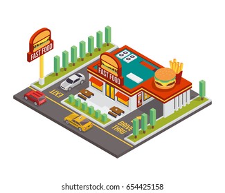 Modern Establish Isometric Commercial Restaurant Building - American Fast Food Burger Restaurant