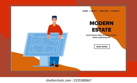 Modern Estate Developing Designer Architect Vector. Man Artist Develop Modern Estate Exterior Architecture. Character Design And Engineering Occupation Web Flat Cartoon Illustration