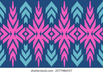 Modern Ethnic Geometric Pattern with Pink and Blue Leaf Motifs on a Navy Background for Decorative Art