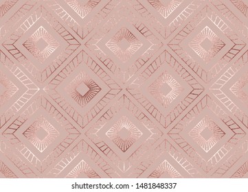 Modern ethnic geometric seamless pattern with rose gold rhombus tiles.