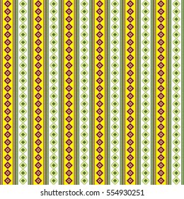 modern ethnic image, color tile : red and green square box on yellow and white base - Geometric seamless pattern