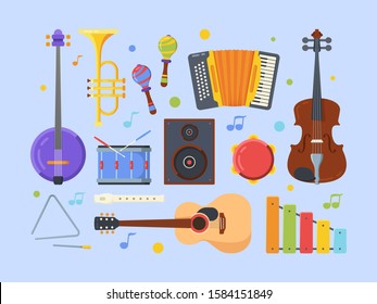 Modern ethnic musical instruments flat illustrations set. Violin, banjo, acoustic guitar. Tambourine, flute, xylophone. Different folk music equipment collection isolated on purple background