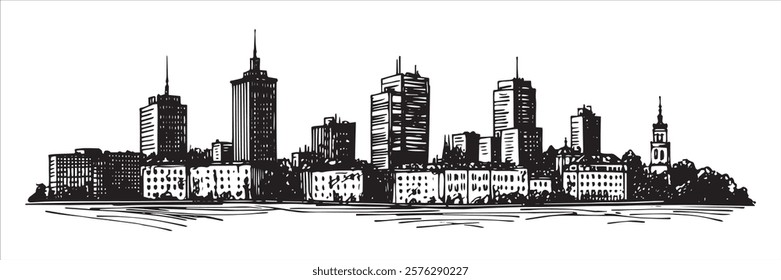 modern european city skyline with high-rise buildings hand-drawn illustration