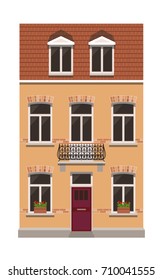 Modern European house with one entrance, mansard tile roof, architecture design template, vector illustration