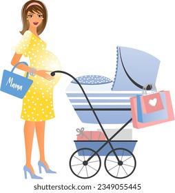 Modern european pregnant woman with a pram and shopping bags