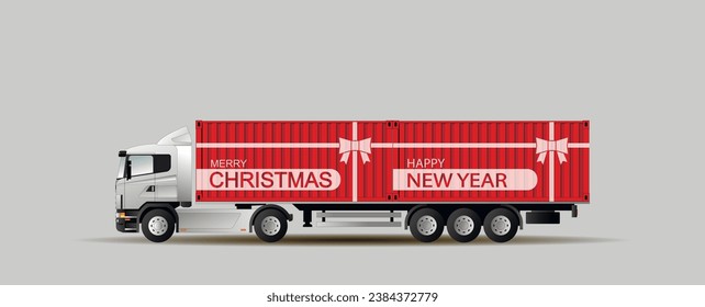 A modern European semi-trailer truck transports sea containers with podrak for Christmas and New Year. Vector illustration