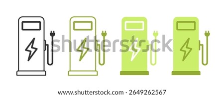 Modern EV charging station icon set with gradient fill, perfect for eco-friendly transportation and energy themes. Clean vector for signage, apps, and branding.