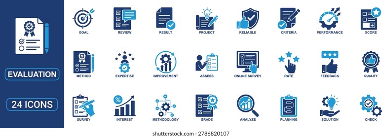 Modern evaluation icon set in solid glyph style featuring assessment, review, score, rating, grade, project analysis, quality check, performance measurement, methodology, expertise, survey, planning, feedback, criteria, improvement, analytics, online survey, solution, reliable testing, and evaluation report symbols. Perfect for business analytics, educational platforms, project management, customer feedback systems, research studies, quality assurance, and performance monitoring dashboards. Professional vector icon collection for evaluation and assessment concepts.