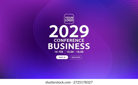 Modern event registration website design concept. Purple abstract background with user interface UI elements. Landing page layout featuring sign in and register buttons for business webinar or digital conference platform.