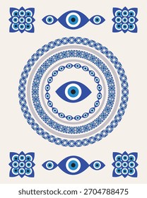 Póster moderno del mandala del ojo del mal - Modelo contemporáneo del mandala con el símbolo central de Nazar. Arte de mandala, Ojo maligno, amuleto de Nazar, cartel moderno