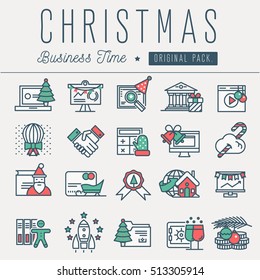 Modern excellent happy christmas business time. Thin line new year holiday concept. Decoration winter new year tree elements. Celebration vector winter objects and beauty xmas event.